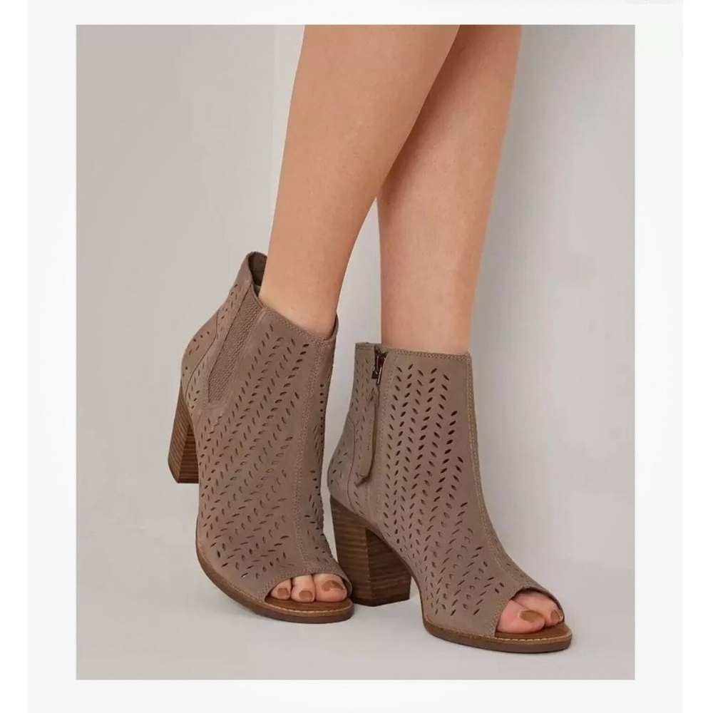 TOMS  Majorca Peep Toe Perf Suede Desert Taupe Diamond Mid-Calf Wedged Bootie